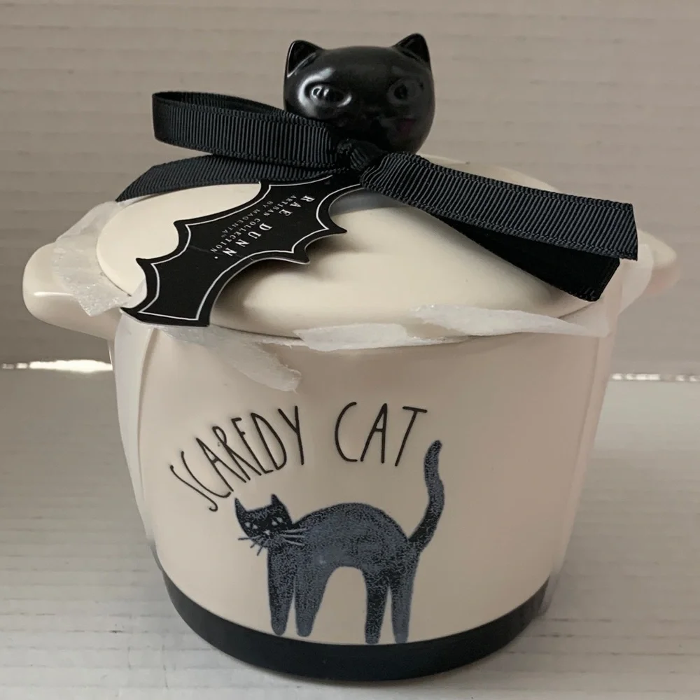 Rae Dunn Scaredy Cat Ceramic Baking Dish Jar Black Cat Lid NEW